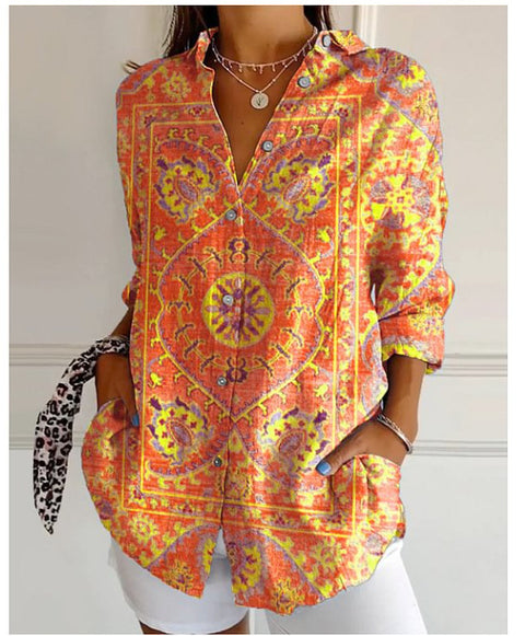 3D digital printing abstract pattern women's long-sleeved buckle linen shirt m302749-03