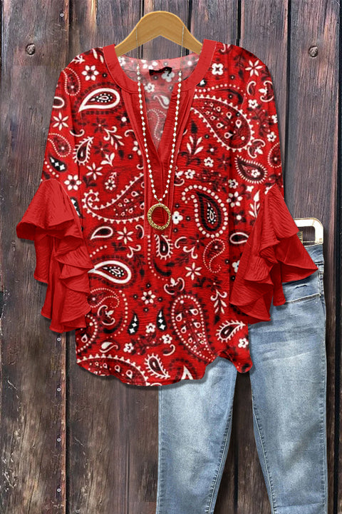 Kreativer Digitaldruck mit Blumenelementdruck, lässiger Trend, V-Ausschnitt, Lotuskante, T-Shirt m301352 