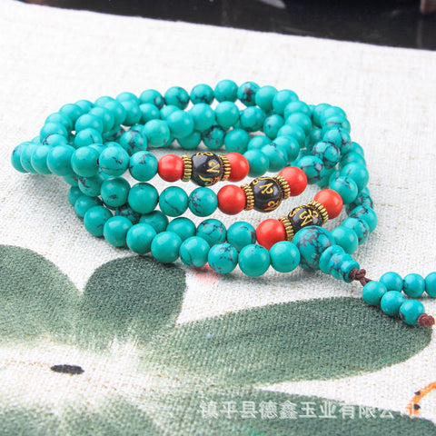 Bracelet multicouches en perles de Bouddha turquoise, ornement tibétain, 108 perles de Bouddha, bracelet enroulé en perles de Bouddha turquoise, fil élastique m3331228