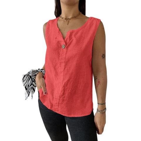 Lockeres Weste-Shirt Damen V-Ausschnitt Baumwolle und Leinen Button-Up Top Damen m301206 