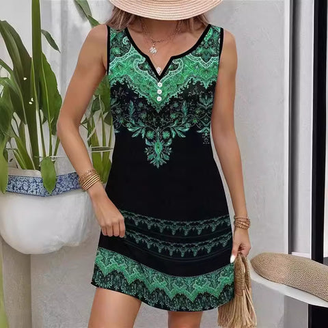 Robe sans manches à bretelles imprimée, décontractée, col en V, boutons, m300105 