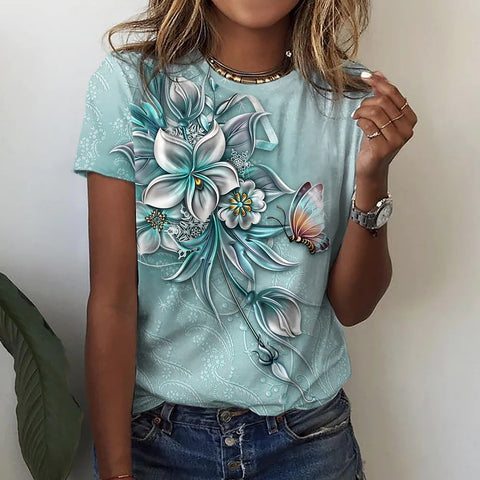 T-shirt femme imprimé fleurs rose bleu vert manches courtes m300912 