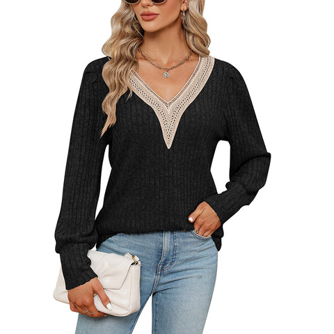 Damen V-Ausschnitt Spitze lose Grube Streifen poliert lose Langarm-T-Shirt m300519 