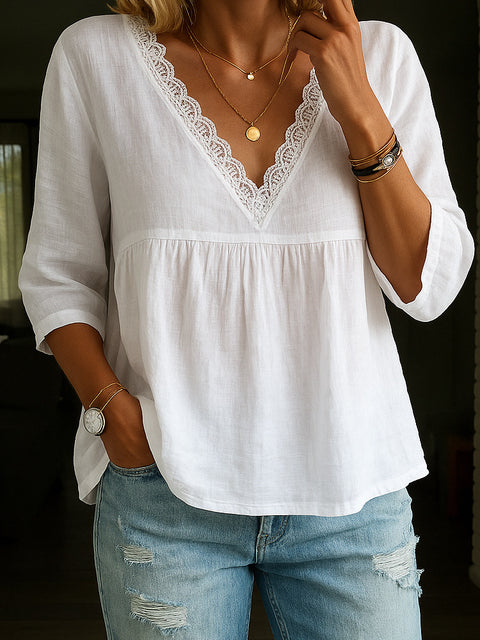 Casual seven-quarter-sleeved lace V-neck pullover multi-color women's top shirt m301442