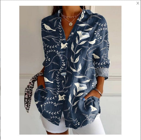 3D digital printing abstract pattern women's long-sleeved buckle linen shirt m302749-03