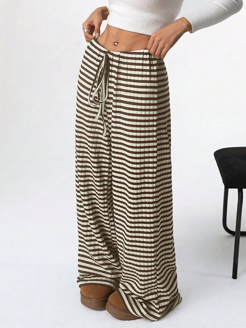 New casual striped solid color rubber band pull rope cotton straight pants m301650