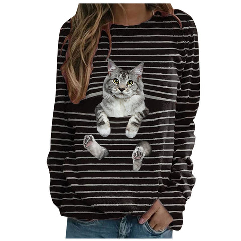 T-shirt décontracté à manches longues et imprimé chat, haut rayé m300513 