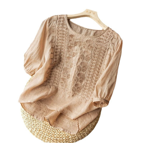 Summer thin embroidered top retro breathable cotton and linen short-sleeved t-shirt m302790