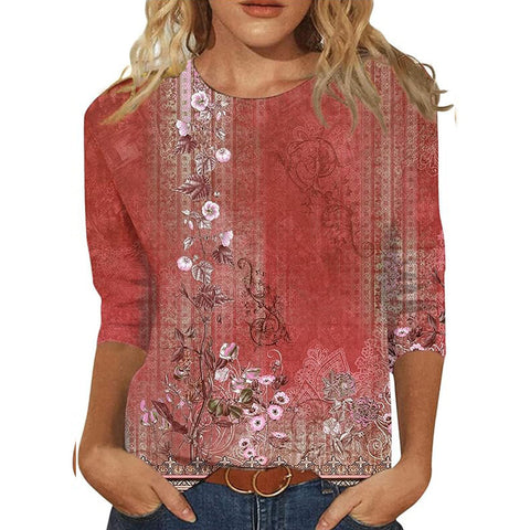 Pull ras du cou à manches sept-quarts et imprimé 3D de fleurs et de plantes m300615 