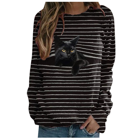 T-shirt décontracté à manches longues et imprimé chat, haut rayé m300513 