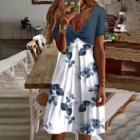 Bedrucktes, kurzärmliges, hoch tailliertes, gespleißtes Pendel-Freizeitkleid m300722 