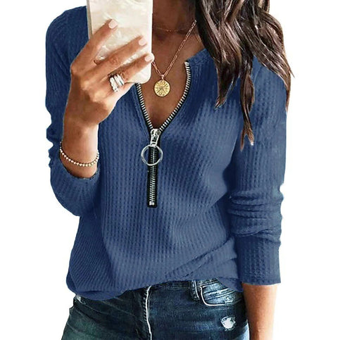 T-shirt tricoté à manches longues et col en V avec fermeture éclair, grande taille, pour femme, M300174 