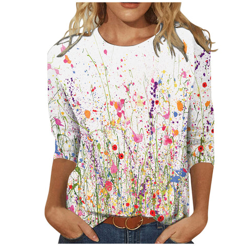 Damenbekleidung Rundhals 3/4 Ärmel Lose Print T-Shirt M300227 