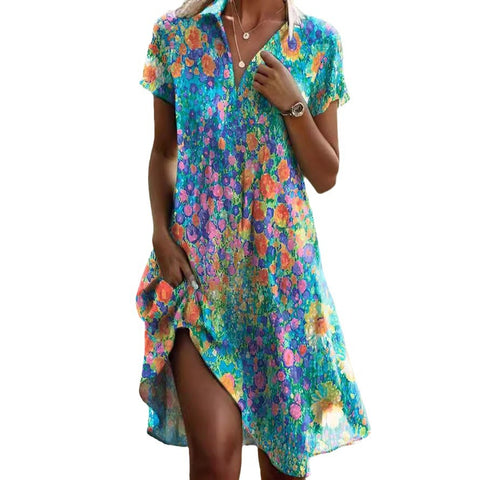 Langes Kleid mit Rundhalsausschnitt und kurzen Ärmeln, Bohemian-Print, m300908 
