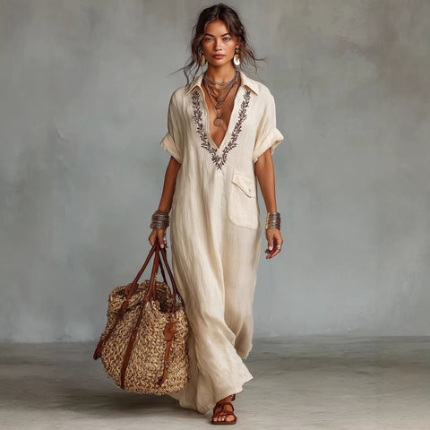 Loose ladies embroidery pocket casual lapel cotton and linen jumpsuit m302716