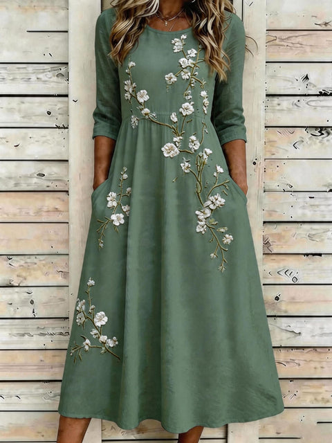 Creative floral elements seven-quarter sleeve long dress casual loose pocket dress m302768