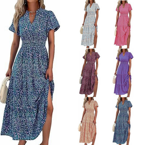 Robe plissée à col en V et manches courtes imprimée m300104 