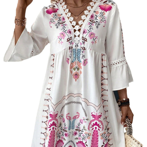 Neues lässiges, vielseitiges Printkleid mit V-Ausschnitt und Spitzenspleißen m300993 