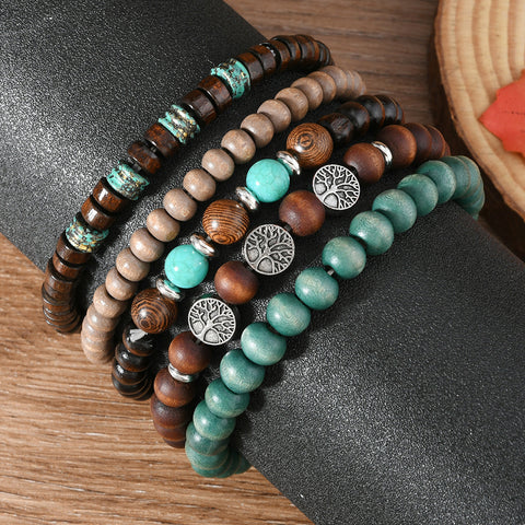 Retro-Wind-Zinklegierung-Lebensbaum, handgewebte Holzperlen, mehrschichtiges fünfteiliges Armband m3331272 