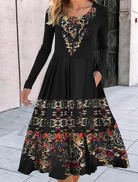 Rundhalsausschnitt, Langarm, lockeres Pendelkleid mit geometrischem Muster, bedruckt, m300700 