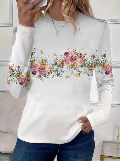 T-shirt ample à manches longues et col rond pour femme, imprimé rétro classique, m301237 