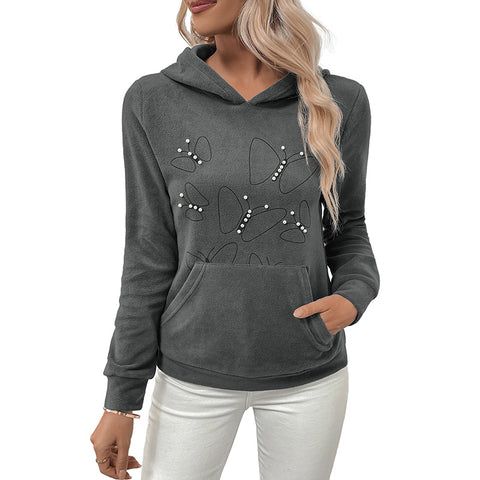 Lässiger Fleecepullover mit Kapuze, Perlenbesetzter Hoodie, Damen m300811 