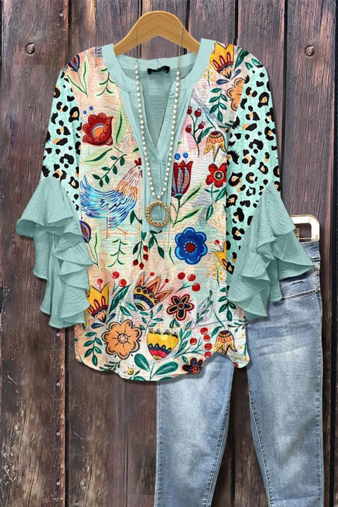 Creative floral element printing digital printing casual trend V-neck lotus edge T-shirt women's top m301778
