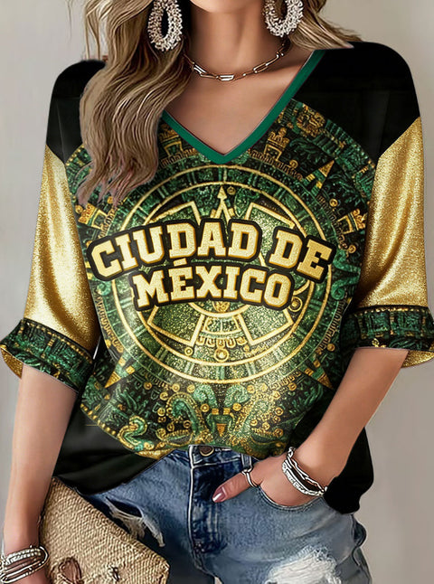 Down shoulder V-neck seven-quarter sleeve 3D printed women's top T-shirt m302844
