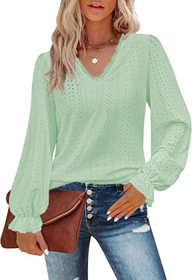 Chemise décontractée à col en V et manches plissées, automne m300647