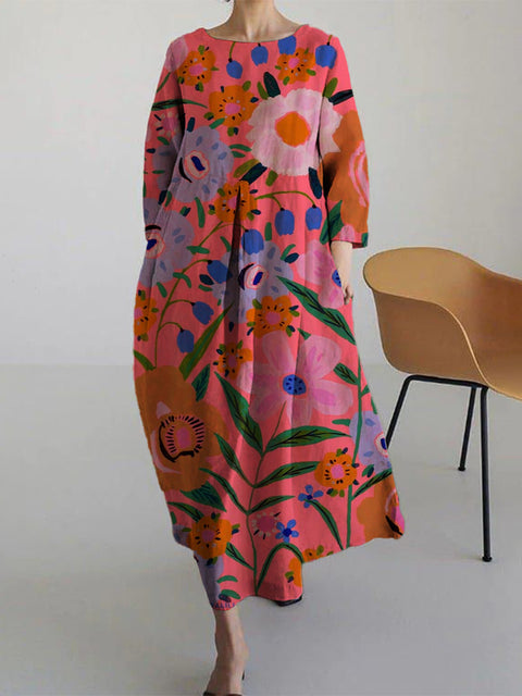 Robe ample à col ras du cou et manches longues imprimée haut de gamme m301044