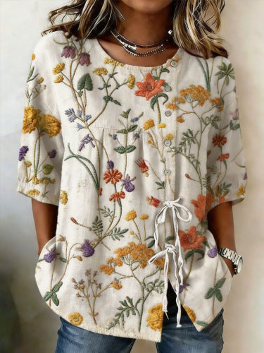 Color matching loose blouse five-button drawstring m302924