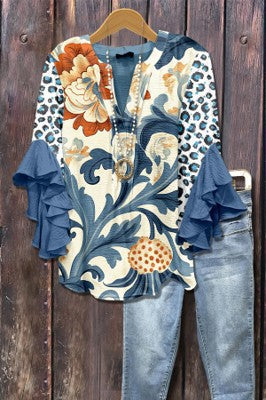 Digital printing casual trend V-neck lotus edge T-shirt women's m302725-2