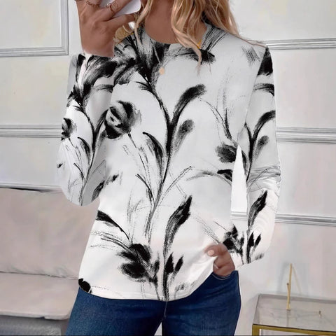 T-shirt ample à manches longues et col rond pour femme, imprimé rétro classique, m301237 