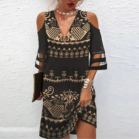 Kleid mit V-Ausschnitt, Positionierung, Blumen-Netznähten und halblangen Ärmeln M300180 
