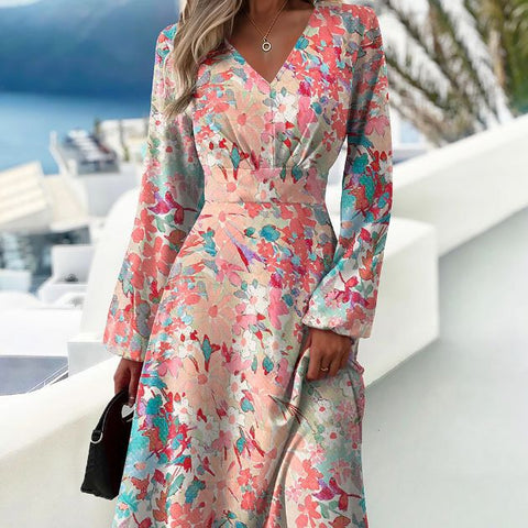 Modisches Printkleid mit V-Ausschnitt und langen Ärmeln, m300931 