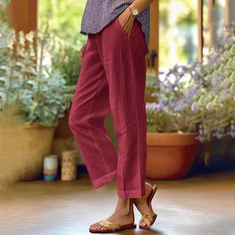 Cotton and linen loose solid color elastic waist pocket straight casual pants m301571