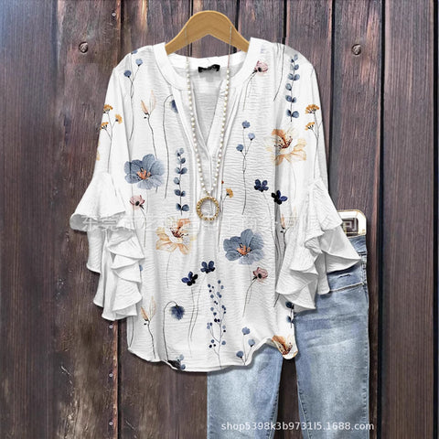 Kreativer Digitaldruck mit Blumenelementdruck, lässiger Trend, V-Ausschnitt, Lotuskante, T-Shirt m301352 