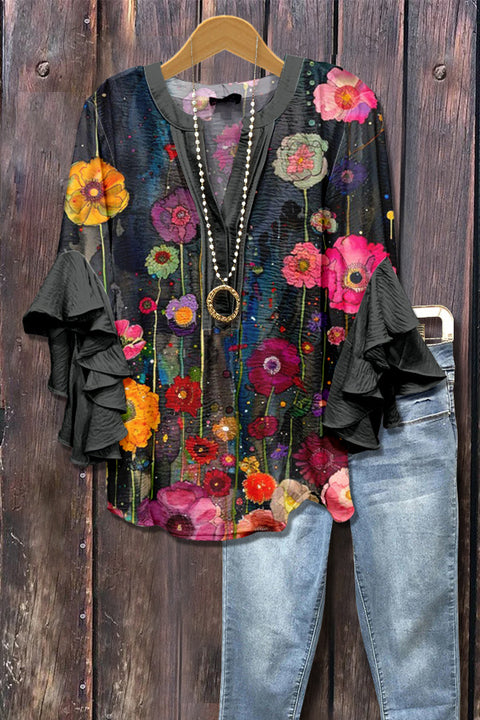 Kreativer Digitaldruck mit Blumenelementdruck, lässiger Trend, V-Ausschnitt, Lotuskante, T-Shirt m301352 