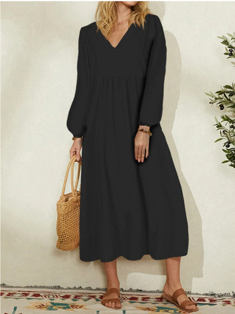 Lockeres Damenkleid aus Baumwolle und Leinen mit Laternenärmeln m301242 