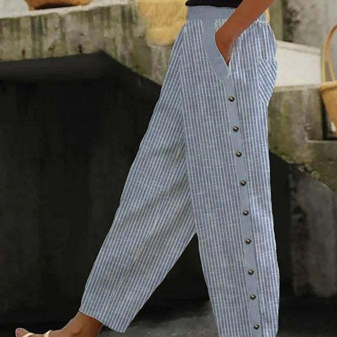 Fashion new printed striped button-up rubber band waist nine-point pants m301458