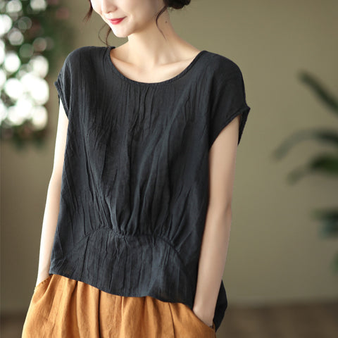 Vintage twisted pleated pendulum tencel ramie top femininity short-sleeved literary jumper m302056