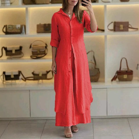 Elegantes Set aus eng anliegendem Langarmhemd und Hose aus Baumwolle und Leinen mit weitem Bein, m301063 