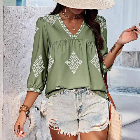 Haut femme à manches sept-quarts et col en V imprimé sac tendance m301002 