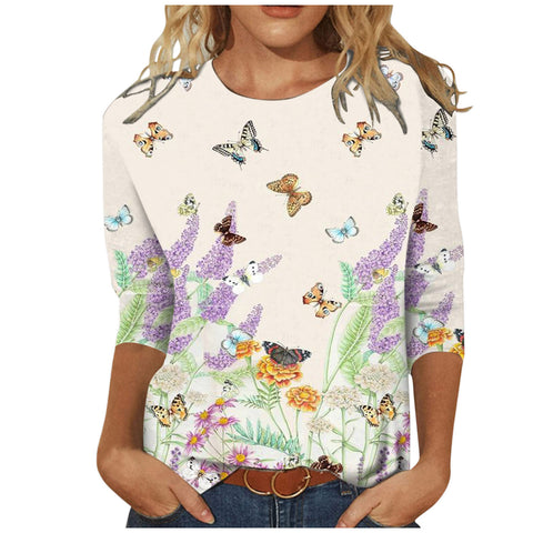 Damenbekleidung Rundhals 3/4 Ärmel Lose Print T-Shirt M300227 