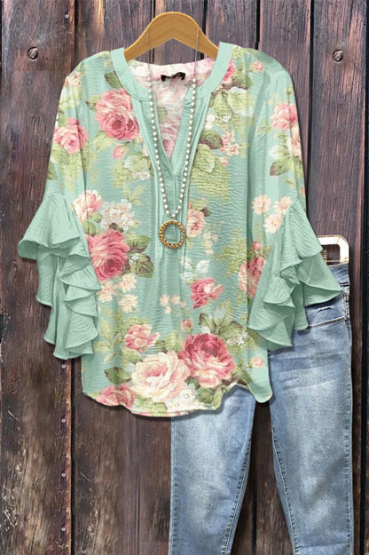 Digital printing casual trend V-neck lotus edge T-shirt women's m302725-2