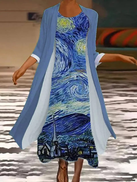 New women's long dress two-piece set flower and grass print crew neck dress m301251