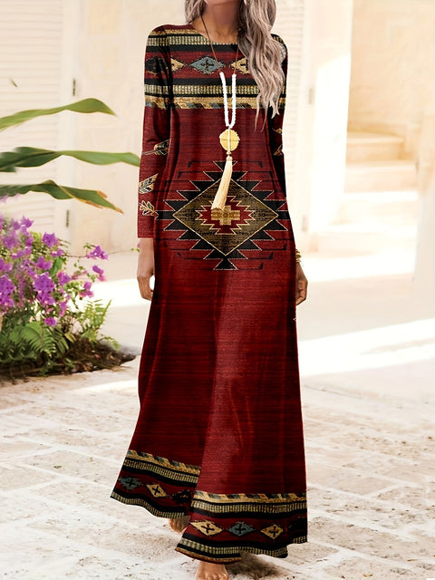 Langes Kleid mit geometrischem Druck und Rundhalsausschnitt, Retro-Ethno-Stil, langes Kleid m300711 