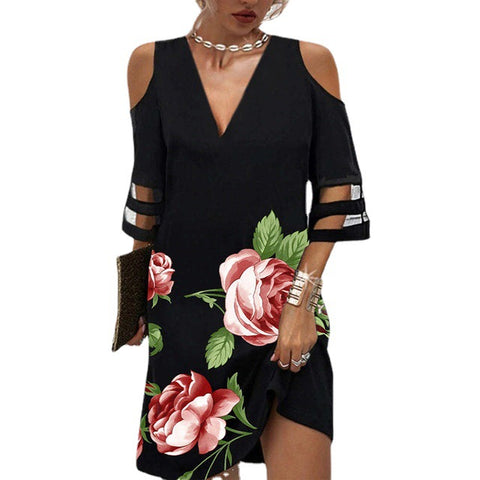 Kleid mit V-Ausschnitt, Positionierung, Blumen-Netznähten und halblangen Ärmeln M300180 