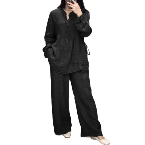 New fashionable and comfortable cotton and linen long-sleeved semi-open placket casual pleated wide-leg pants set m301930