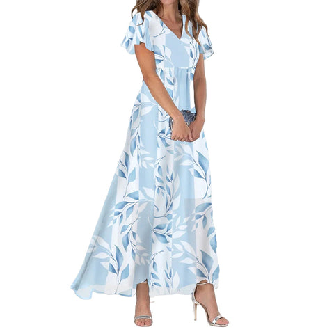 Big pendulum long dress V-neck short-sleeved printed chiffon dress m301544